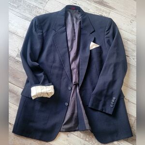 42R Men's BrookCraft Blazer Dark Blue 100% Virgin Wool Tartan 2 Button Sportcoat